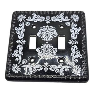 Double Light Switch Plate Cover Black‎ Filigree Print Hobnail Textured Ceramic